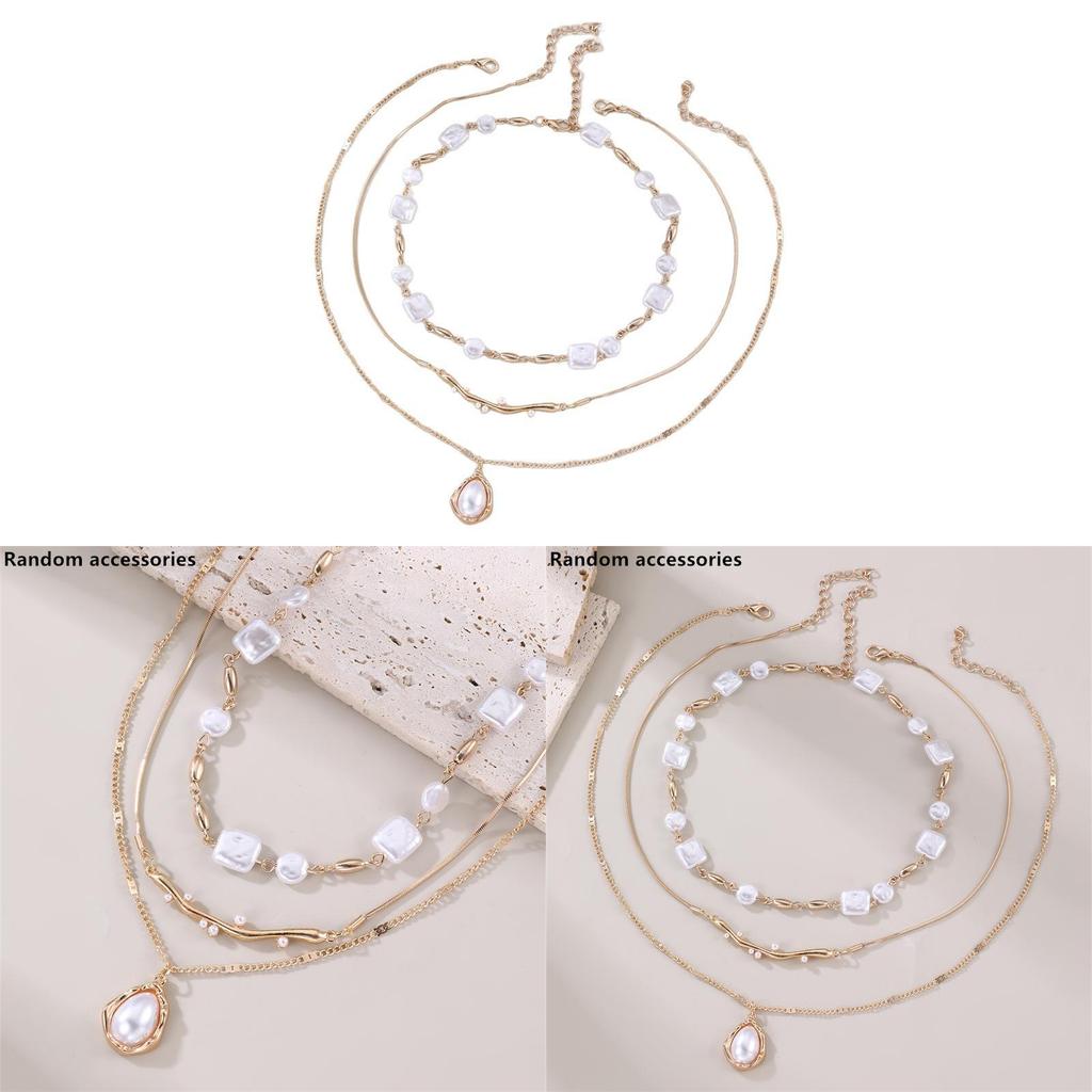Geometric Artificial Pearl Pendant Necklace For Women With Multilayer Chain Summer Style