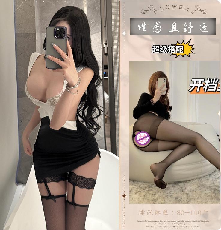 Erotic lingerie, deep V cross cutout, open-chested secretary's outfit, lace see-through, sexy hip-hugging dress
