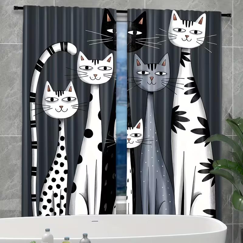 Vikama Cat Cute Print Curtains Living Room Bedroom Study Bathroom Privacy Protection Home Decoration Curtain Modern Polyester Washable Sitting Ready