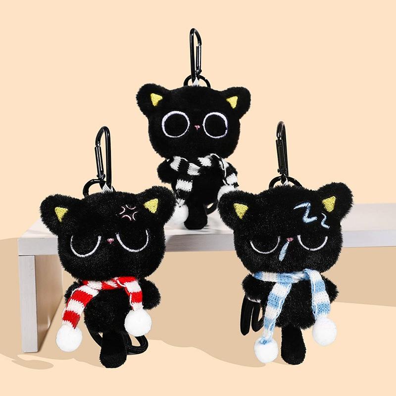 1PC Black Cat Bag Pendant Accessories Doll Pendant Cute Bag Keychain Key Ring Gifts Plush Phone Charms with Stripe Scarf