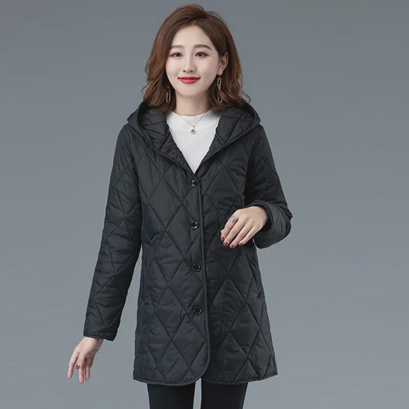 Women's Hooded Diamond-Quilted Winter Jacket 2024 - Solid Color, Warm Cotton, Long-Sleeved.