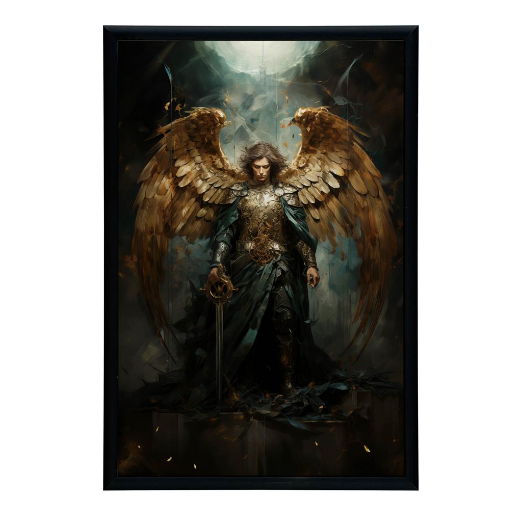 Plakat Święty Michał Archanioł: Blask Złotego Miecza Plakat Święty Michał Archanioł: Blask Złotego Miecza, 30X40 Cm, Rama Aluminiowa Czarna, Papier Ma