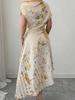 Asymmetrical Shoulder Gold Foil Pleated Dress for Women