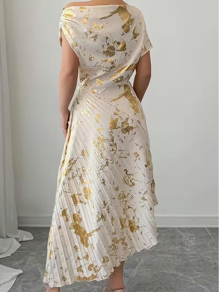 Asymmetrical Shoulder Gold Foil Pleated Dress for Women