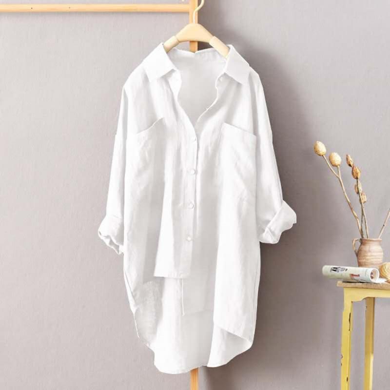 Women s Casual Solid Colour Shirt Autumn Cotton Linen Cardigan Double Pocket Long Sleeve Top S белый