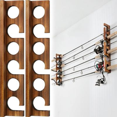2Pcs Wall Mount Fishing Rod Holder with Mounting Screws Garage Horizontal Wooden Fishing Pole Display Storage Rack Organizer Stand Fishing Accessories