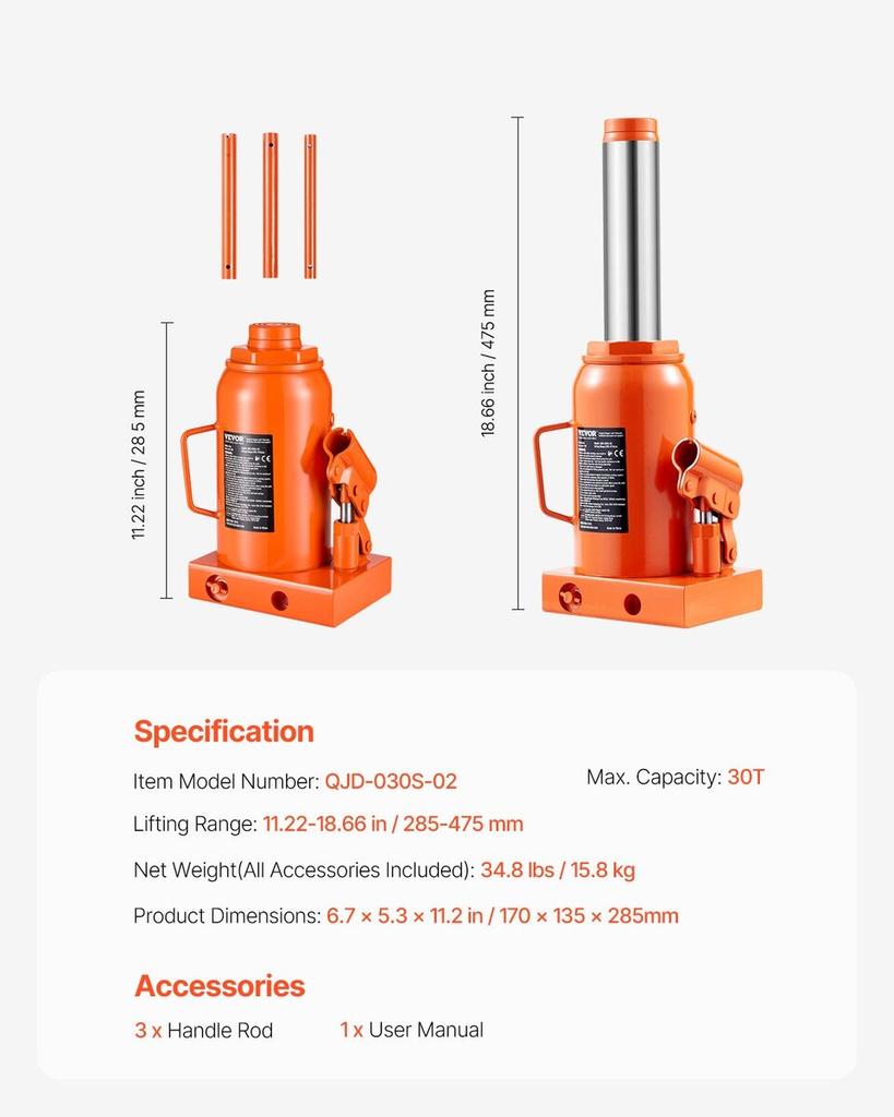 Hydraulic Bottle Jack 30 Ton Manual High Lift Automotive Car Repair Shop
