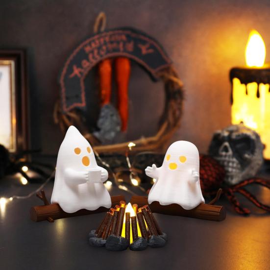 Halloween Ghost Campfire Gathering Nightlight Spooky Statue Decoration 3D Printed Bookcase Ornament Home Decor Accent