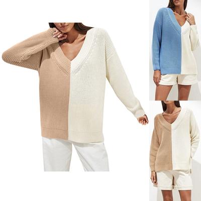Women's Autumn And Winter Splicing V-neck Casual Loose Long-sleeved Knitted Sweater