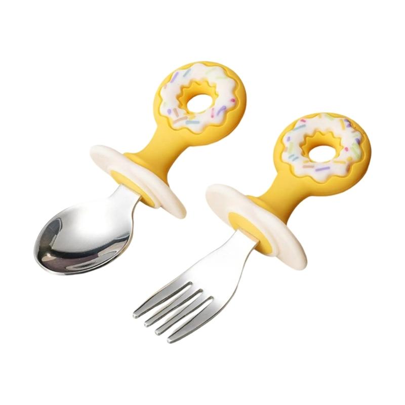 2pcs/3pcs Baby Spoon Fork Feeding Set Silicone Anti Choke First Feeding Utensils Toddler Spoon Cutlery Flatware Set жёлтый