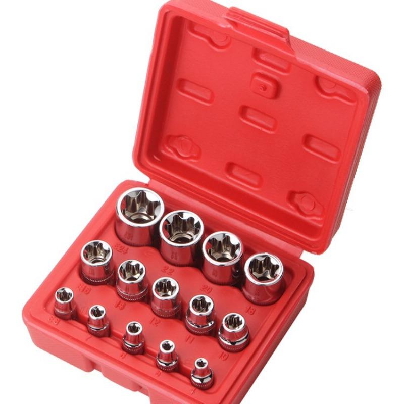 14 Pcs E-Torx Hexagonal Plum Socket Set with Case 1/4, 3/8, 1/2 In Drive Female External Star Socket Set E4-E24 Torque Sockets