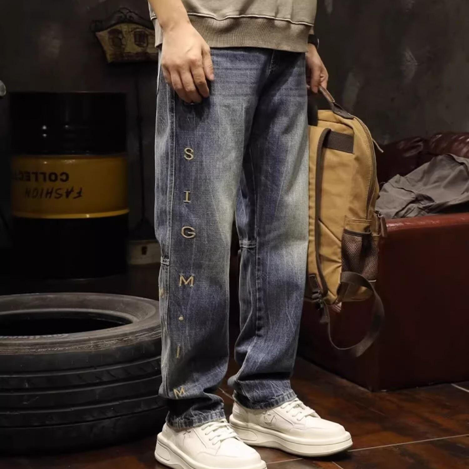 JYL Мужские Джинсы Винтажные Осенние Американский Глиняный Окрас Свободные Прямые Деним XL