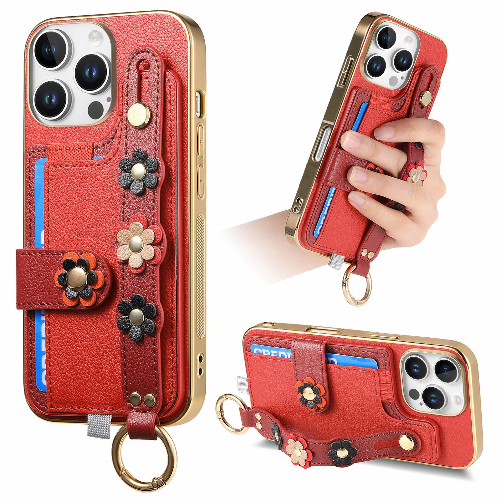 

W2 For iPhone 16 Pro Max Case Card Holder Leather Back Cover 3D Flower Wristband Red
