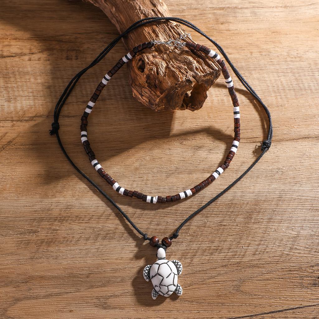 Collar de Cadena de Cuerda y Cuentas Vintage con Colgante de Tortuga para Mujer Gargantilla de Cuentas de Madera en Capas en Accesorios para el Cuello Regalos
