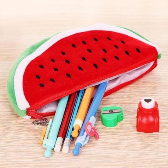 Watermelon Semicircle Short Plush Pencil Bag Stationery Storage Zipper Case