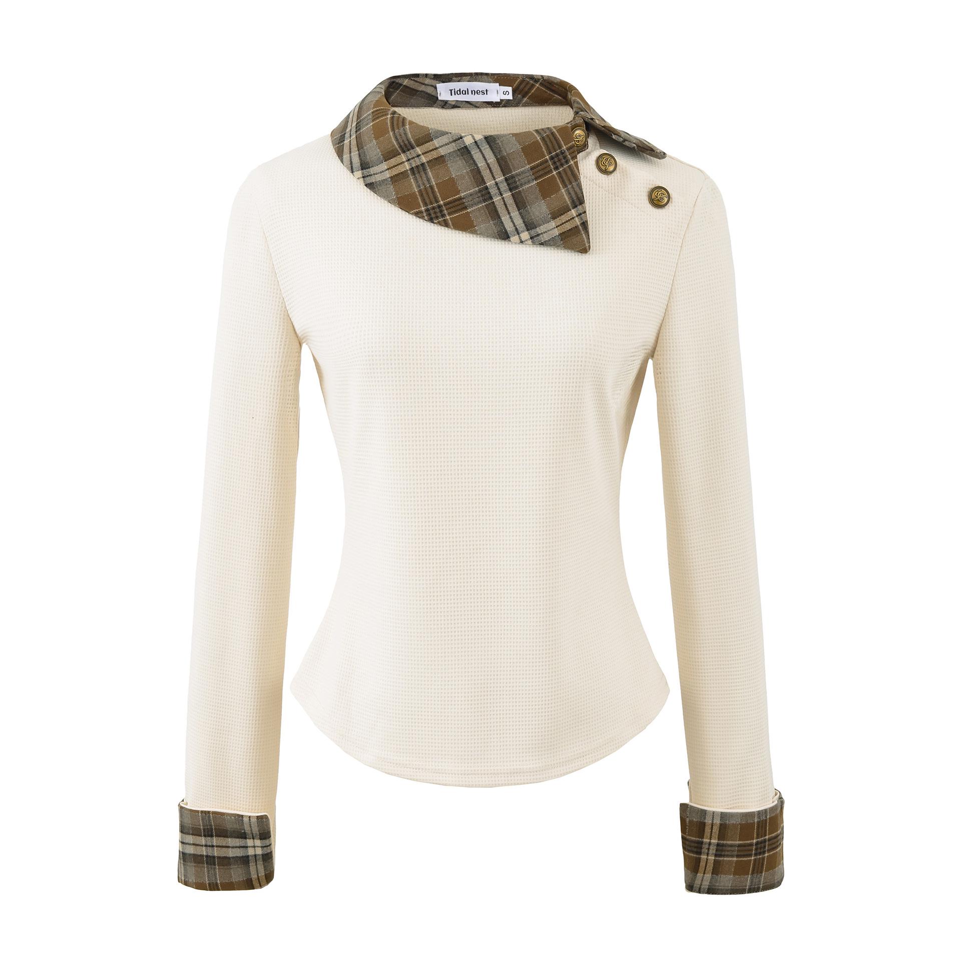 Women s Retro Plaid Patchwork Two-Piece Set: Long-Sleeve Top + Straight-Leg Shorts (2026) S