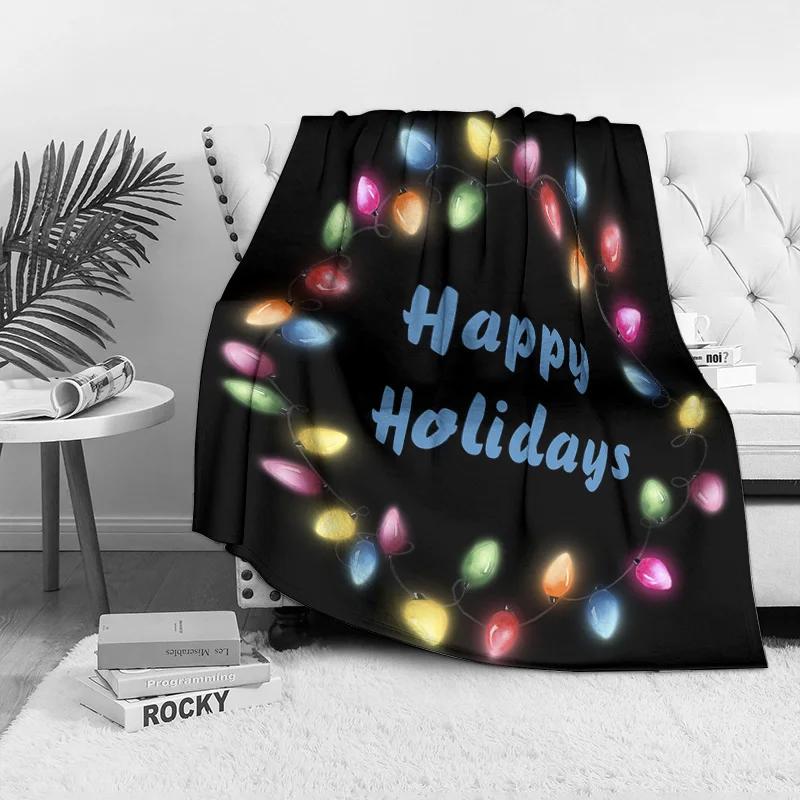 Happy Holidays Fleece Blanket, Multicolor Christmas Lights on Black, Cozy Throw for Festive Sofa and Home Decor