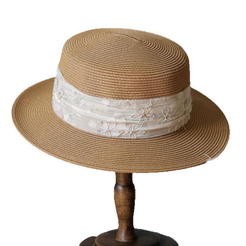 Sweet sequined flower webbing flat top top hat fashion travel vacation shade spring and summer sun protection straw hat woman