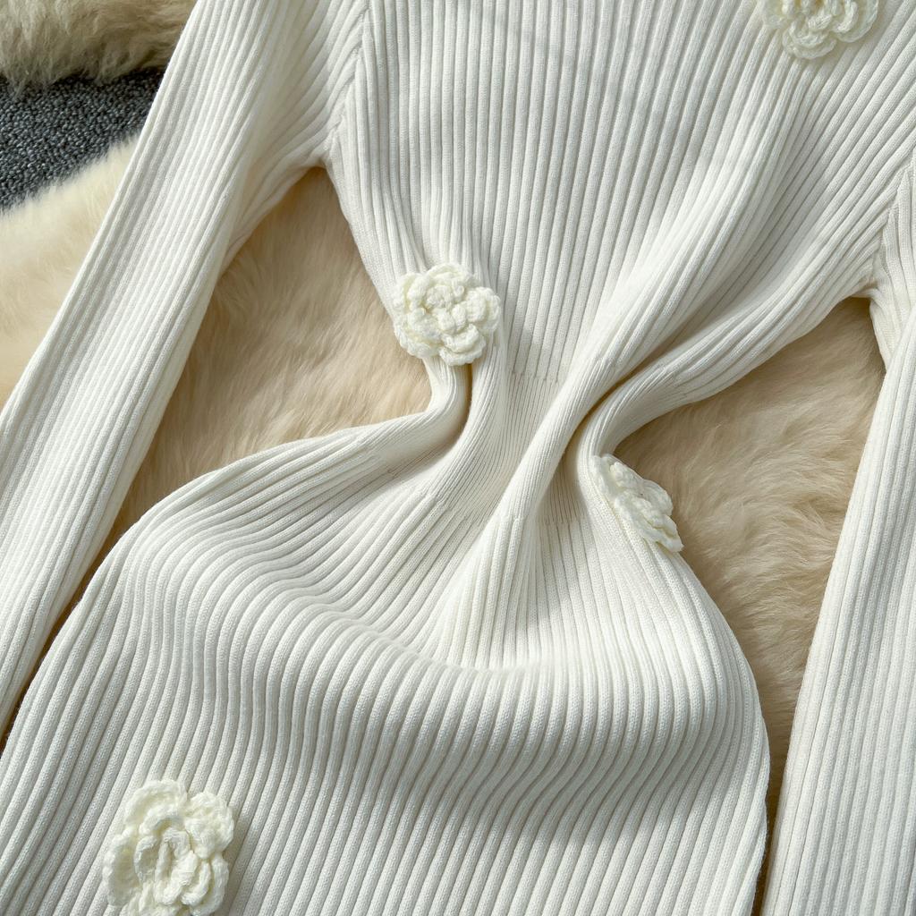 Spring Autumn Women Elegant 3D Flower Knitted Sweater Sheath Dresses Full Sleeve Midi Party Slim Pullover Dress