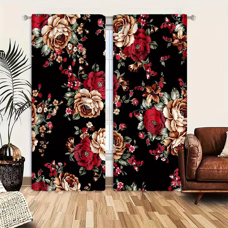 

2 Pcs Retro rose print curtains suitable for bedroom living room kitchen decoration home decoration window decoration 100*130 Grommet Top 1pcs