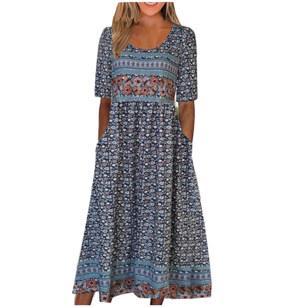Ladies O Neck Short Sleeve Printed Waist Dress Short Sleeve Vacation Beach  Fashion Dress For Women