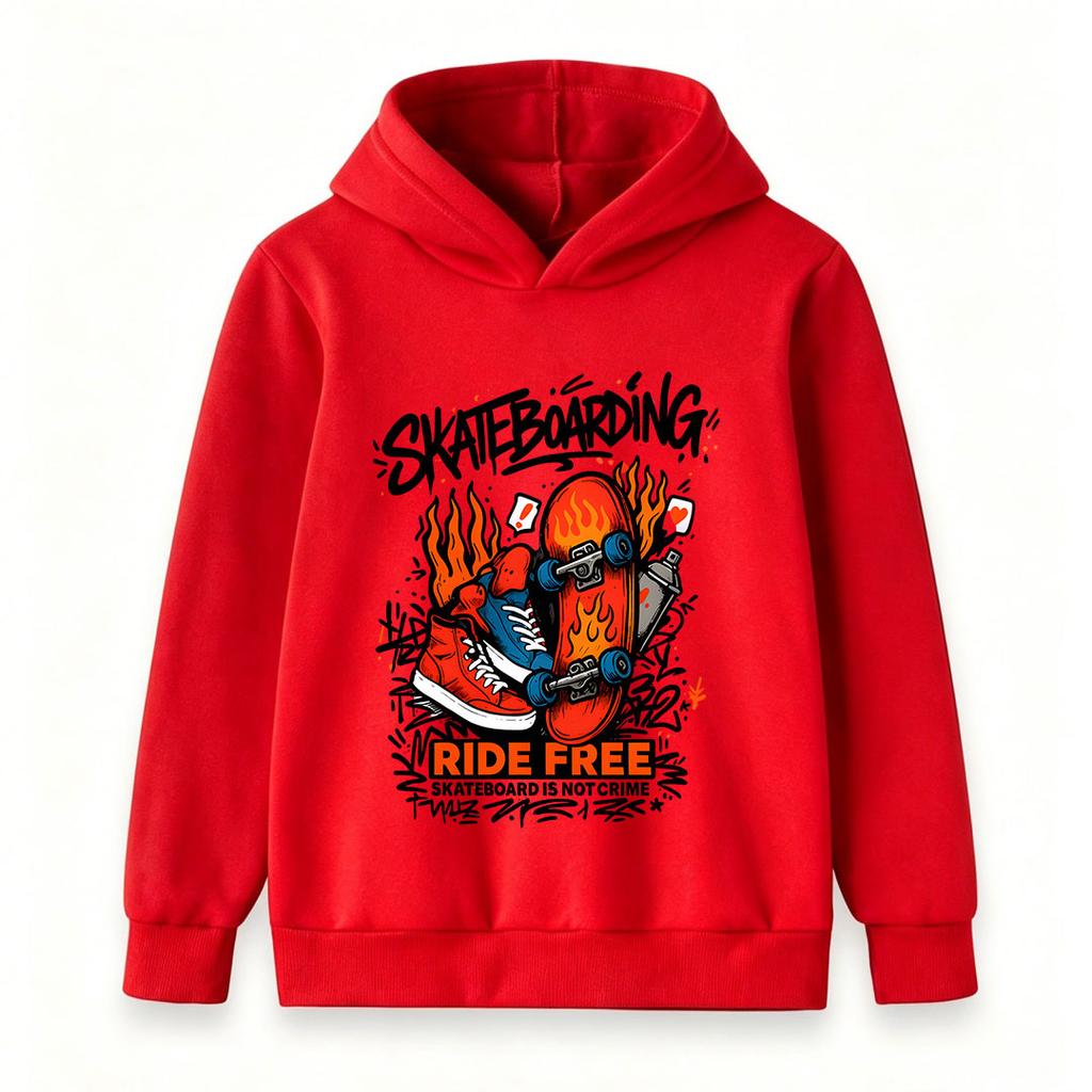 Kids Boys Girls Hooded Sweatshirt, Cool Graffiti Skateboarding Print Pullover, Casual Long Sleeve Ride Free Skate Pattern Hoodie for Teen Street Sport