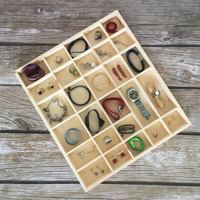 Petite Vitrine Plateau Étagère en Bois Non Peint - 28 Compartiments - 44,5x40x3cm - Rangement des Bijoux et Perles pour Armoire