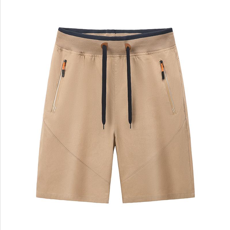 Men's Casual Five Point Elastic Rope Shorts Summer Pure Cotton Washed Solid Color Pocket Zipper Loose Shorts