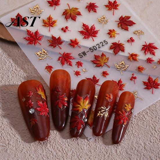 Seasonal Fall Nail Art Autumn Maple Leaf Stickers, Self-Adhesive Leaves Decals, DIY Manicure Accessories Women Embossed Stickers for Home and