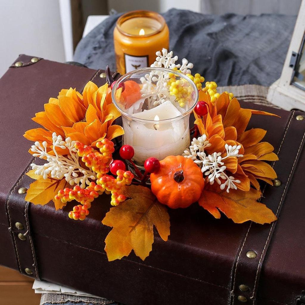 Candle Ring Artificial Wreath, Pumpkin Ornament ,Rustic Home Decor, Autumn Wreath Harvest Wreath Holiday Thanksgiving Farmhouse,