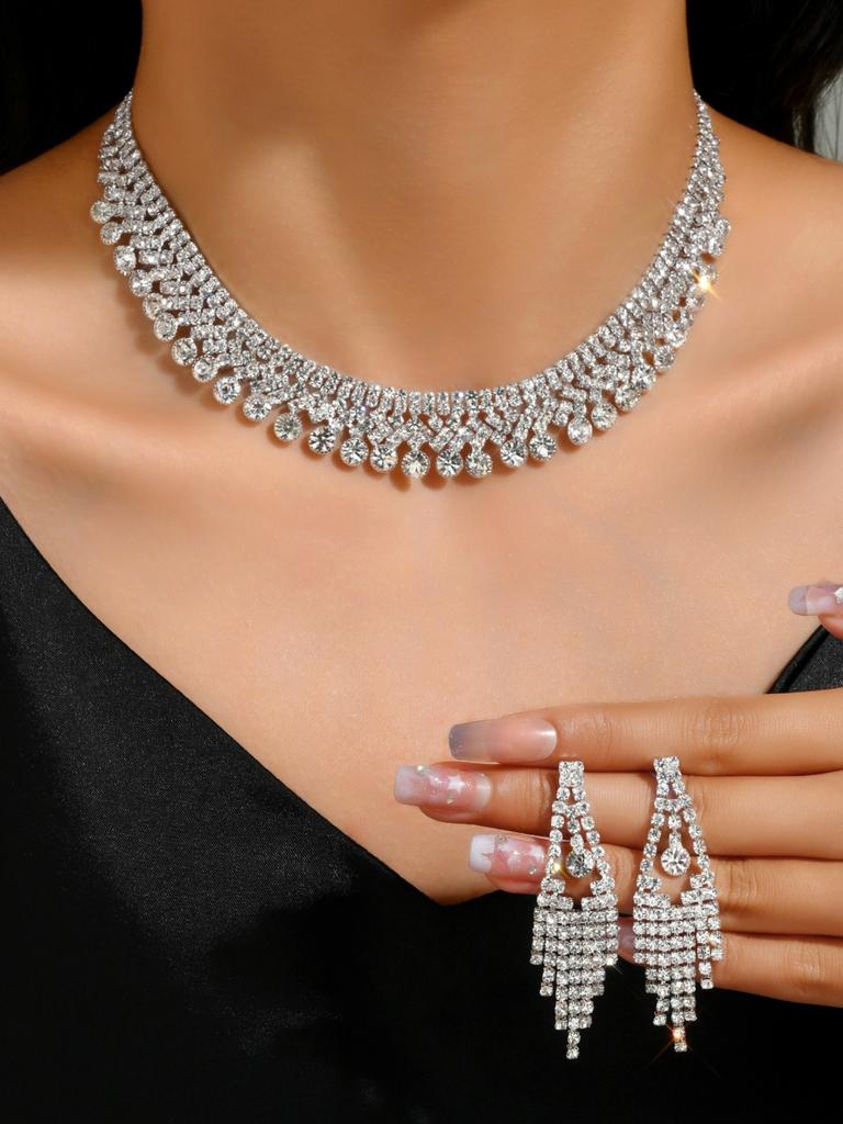 3PCS Fashion Zircon Set Tassel Water Diamond Earrings Necklace Party Fashion Accessories