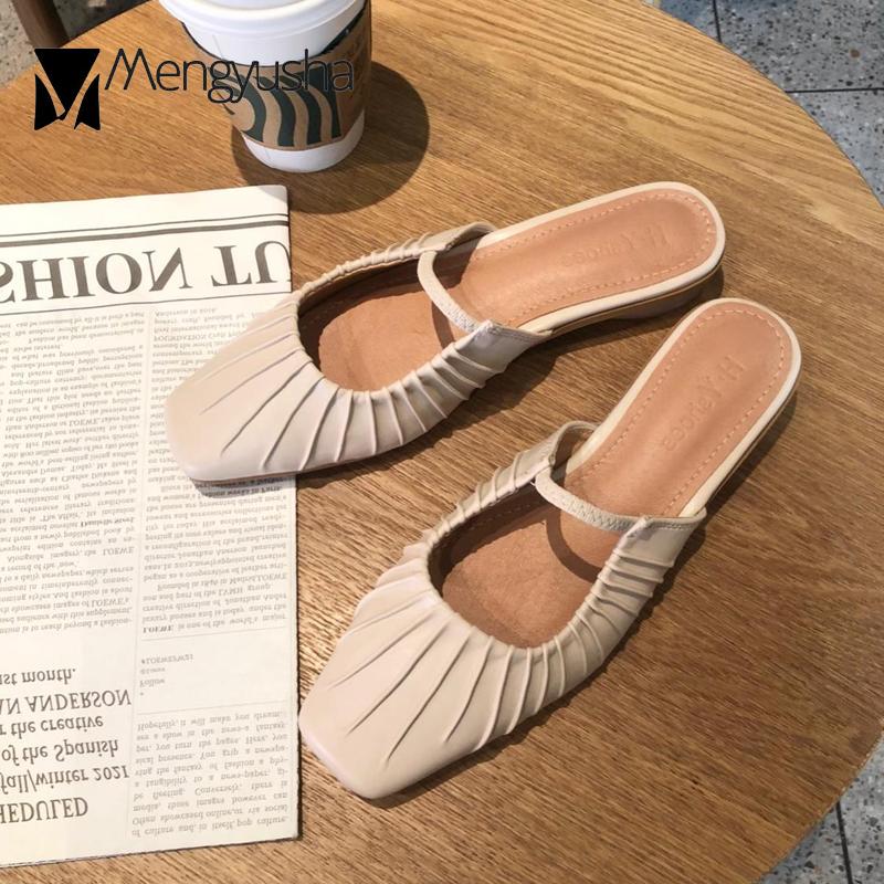 Fashion 2024 Solid Leather Sandals Woman Ruffles Mules Elastic Band Square Toe Slippers Home Flip Flops Low Heels Pleated Slides Shoes