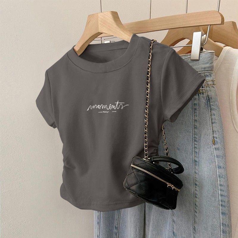 

Designed with a Stylish Look, the Women s 2026 New Vintage-Style Cotton Short-Sleeve T-Shirt Features Irregular Pleats and a Cinched Waist Charcoal Gray [White Artistic Font] 2XL