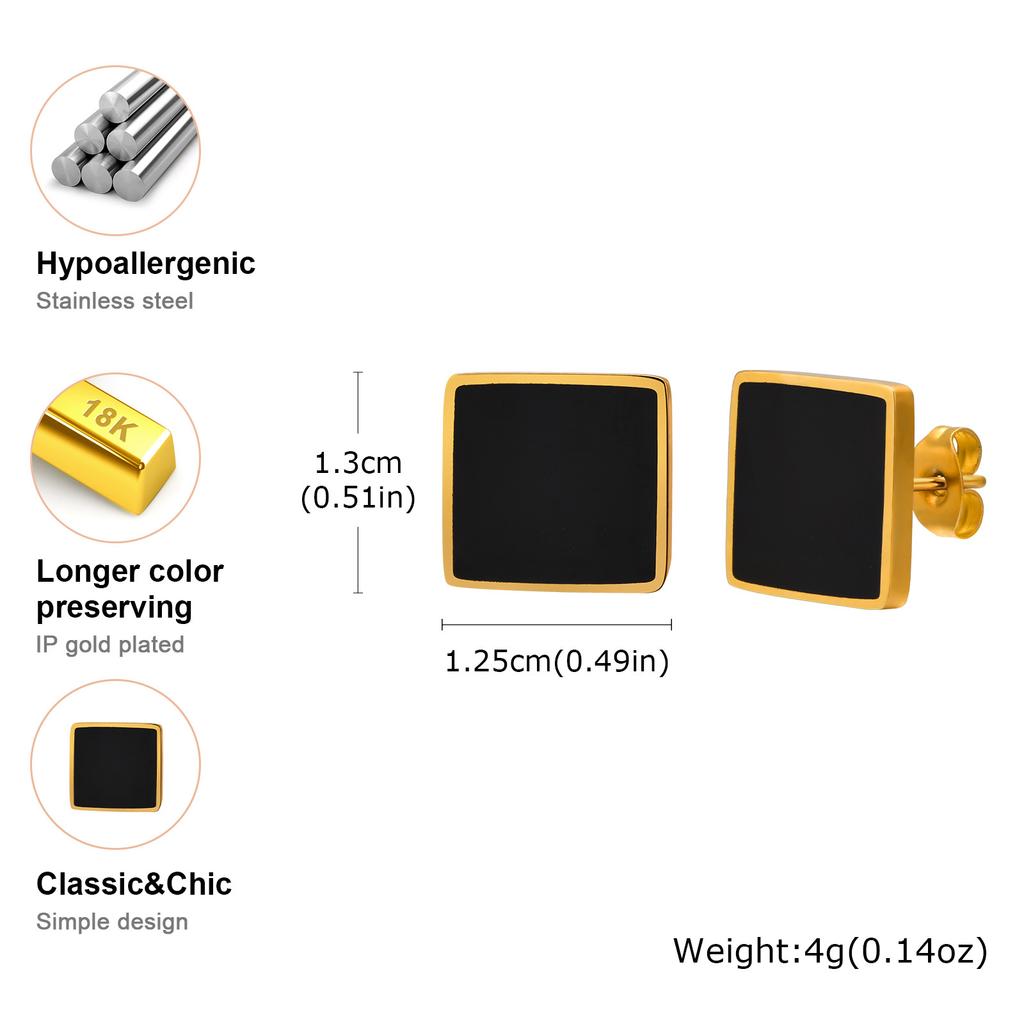 Black Square Stud Earrings for Men Boys,Casual Stainless Steel Earrings with Butterfly Earplugs,Stylish Jewelry Gifts