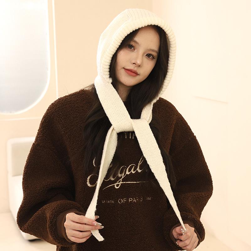 Red Balaclava Hat Women's Autumn and Winter Warm Thickened Knitted Hat Scarf Integrated Ear Protector Wool Hat Tide