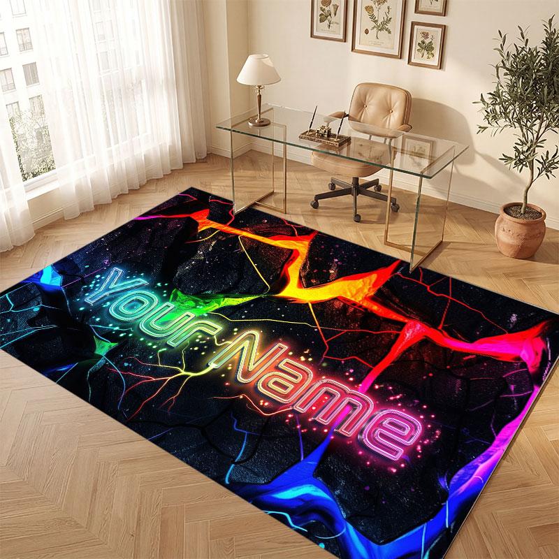 City Cyberpunk Theme Crystal Velvet Floor Rug Personalized Custom Name Text Warm Carpet Home Decoration