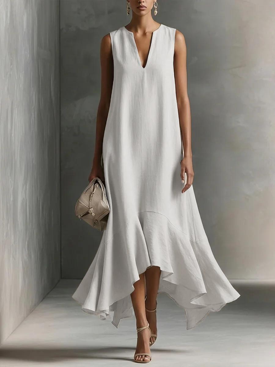 

New Fashion Deep V Neck Sleeveless Slim Fit A-Line Dress S белый