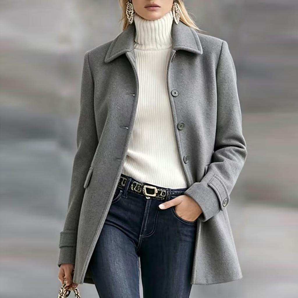 Women's Mid-Length Wool Coat with Lapel and Button Closure