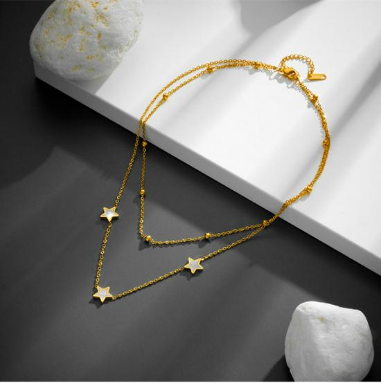 European Retro 18K Gold Stainless Steel Double Layer Star & Heart Anklet, Fashion Titanium Non-Fading Design