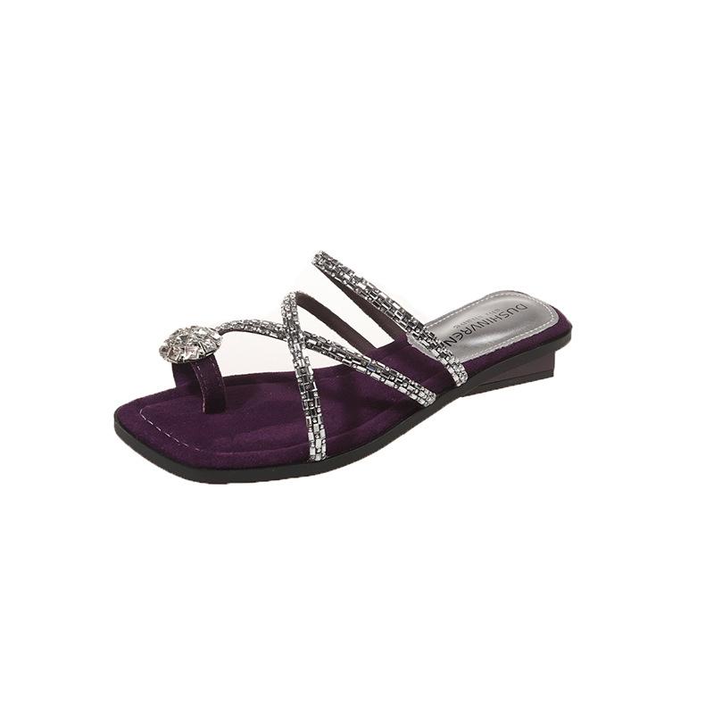 Silver rhinestone toe slippers women's outer wear 2025 new summer skirt low-heeled evening breeze French sandals