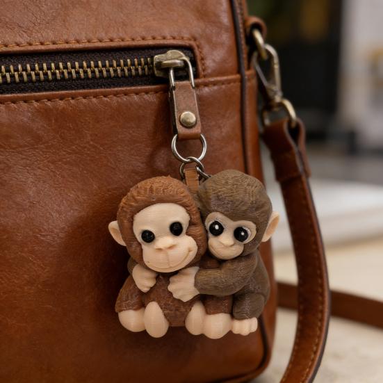3D Printed Monkey Keychain Cute Monkey Holding Plush Toy Hanging Keychain for Backpack Car Keys Gift for Kids