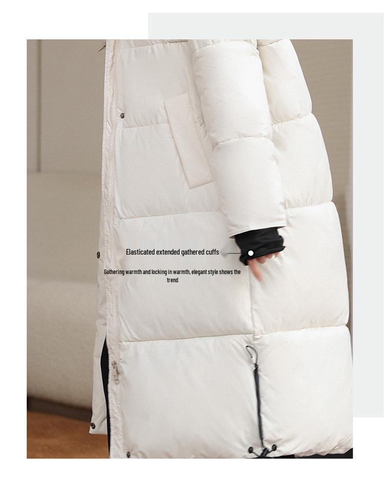 Damen Daunenmantel im koreanischen Stil mit Farbblockdesign und Kapuze - Mittellang, Überknie, Locker, Dick, Kältefest Winteroberbekleidung