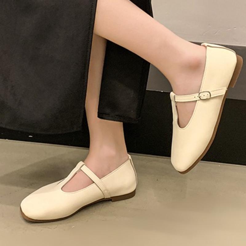 2025 Autumn New Fashionable T-shaped Buckle with Round Head Shallow Mouth Flat Ballet Shoes Retro Casual Mary Jane Women's Shoes
