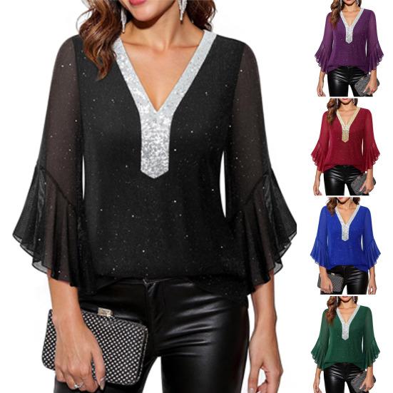 Damskie Topy z Falbankami i Rękawem 3/4 Błyszczące cekinowe z Dekoltem V Codzienna Bluzka Jesień Lato Eleganckie Błyszczące Koszule do Ślubu Biznesu Pracy