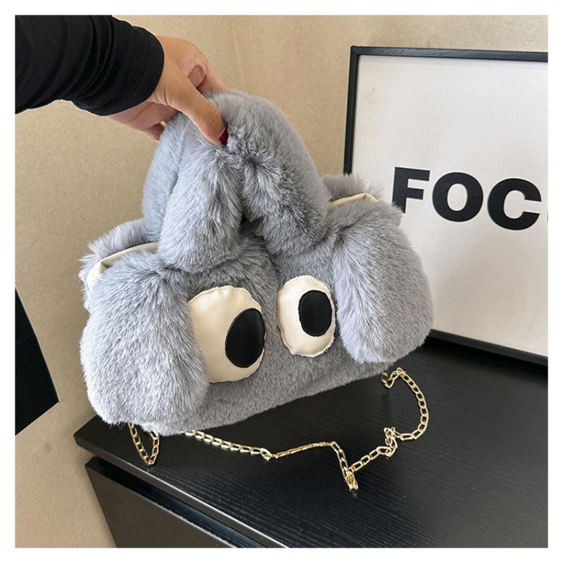 Kawaii Big Eye Plush Crossbody Handbag,Solid Color Embroidered Imitation Wool Tote Bag & Purse for Women - Cartoon Theme