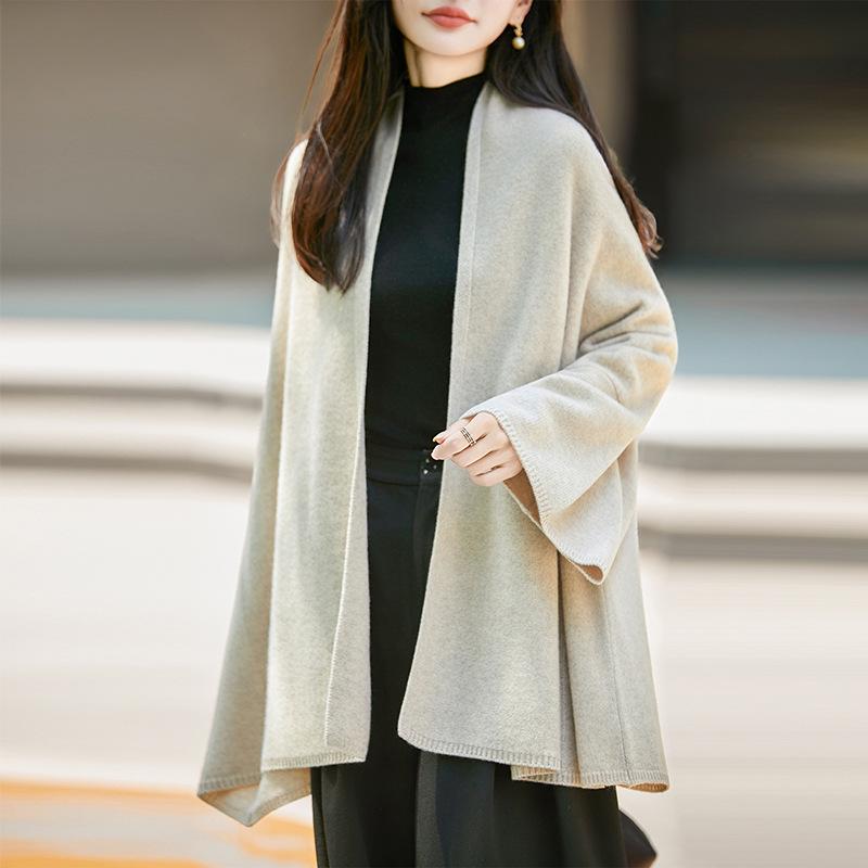 Women's 100% Wool V-neck Loose Knit Pullover Shawl - Solid Color Casual Sweater for Autumn/Winter