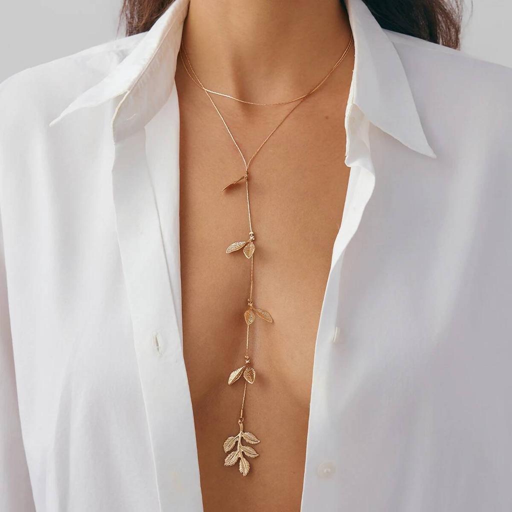 Ingemark Simple Sexy Leaf Long Tassel Pendant Choker Necklace for Women Fashion Statement Y Shape Chest Chain Party Jewelry Gift