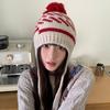 Red hairball knitted ear protection hat women's season shows a small face wool hat big head circumference warm bag head hat