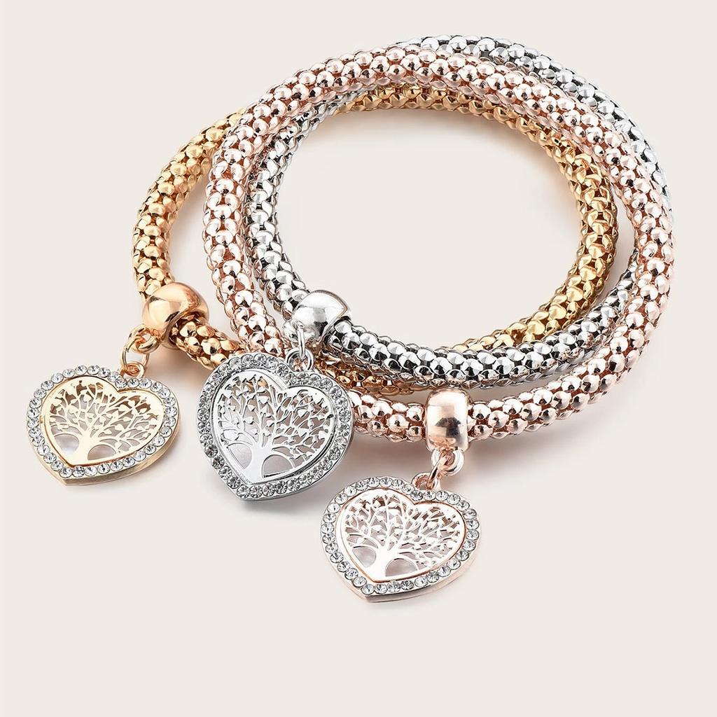 3-Color Women's Fashion Elastic Corn Chain Heart Pendant Bracelet Set, Suitable for Date, Travel, Party, Festival Dress Gifts