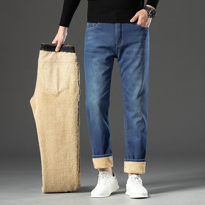 

Мужские модные свободные джинсы из овечьего флиса с высокой талией - зимние повседневные прямые брюки 40